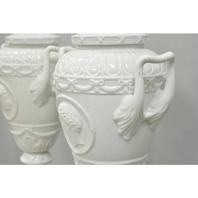 Antique Italian Neoclassical Greco Roman White Porcelain Urn Table Lamps - a Pair For Sale - Image 9 of 12