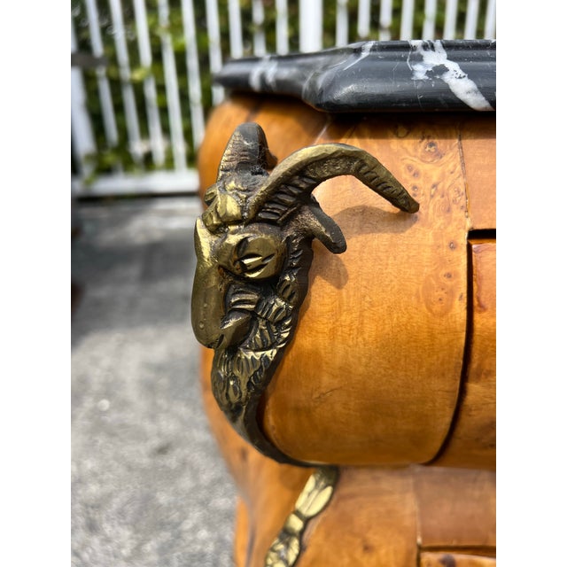 Traditional Italian Burl With Black and White Marble Top Side Tables/ Chests With Rams Head Metal Mountings a Pair For Sale - Image 3 of 10