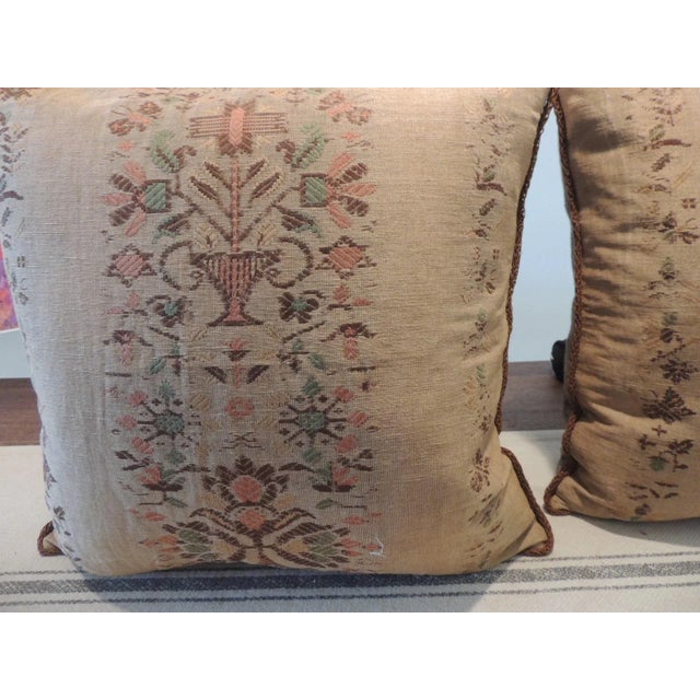 Arts & Crafts Antique Linen Arts and Crafts Pattern Square Decorative Pillows - Set of 2 For Sale - Image 3 of 5