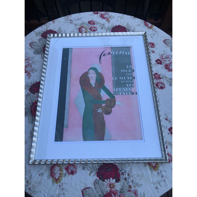 Wood Original 1930 Femina French Art Deco Fashion Magazine Cover, Framed & Matted — Février (February) For Sale - Image 7 of 11