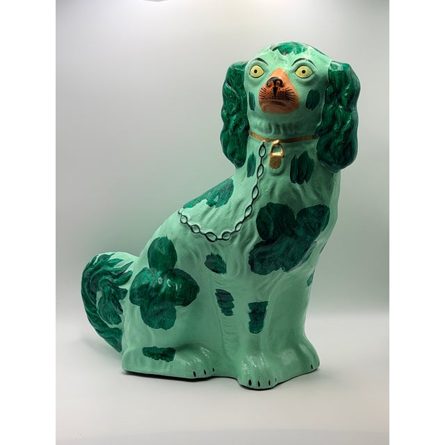 Contemporary Vintage Staffordshire Dog Pair in Turquoise Glaze – Hand-Painted Papier-Mâché Spaniels For Sale - Image 3 of 6