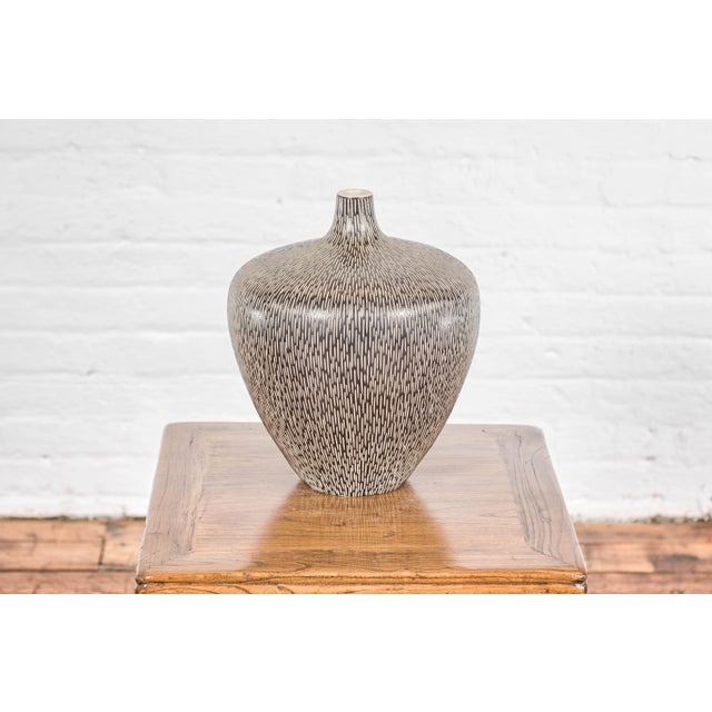 Traditional Artisan Handmade Brown Glazed Ceramic Vase with Textured Cream Stokes For Sale - Image 3 of 12