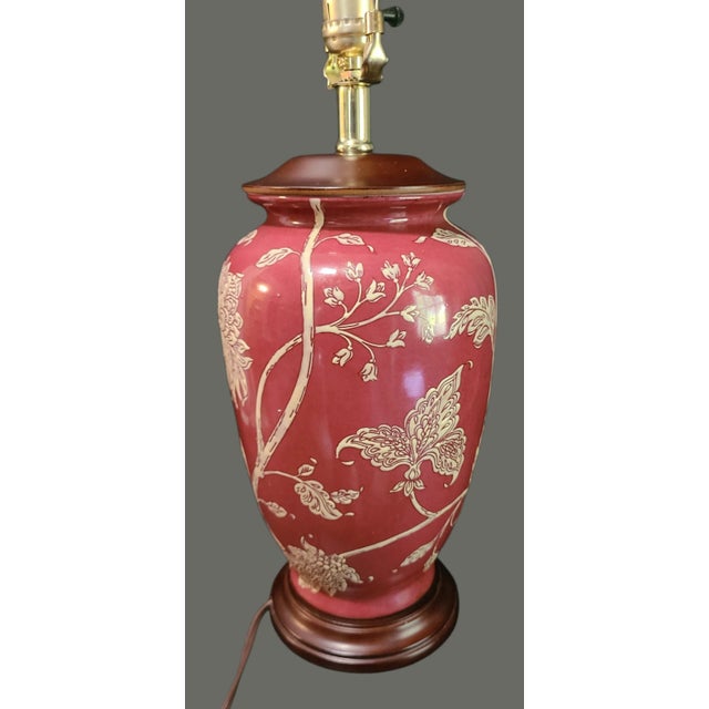 Vintage Asian Inspired Painted Chrysanthemum Floral Red Table Lamp For Sale - Image 9 of 10