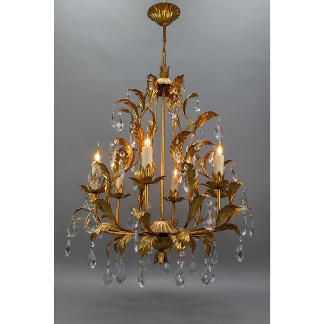 Hollywood Regency Style Gilt Metal and Crystal Glass Six-Light Chandelier, Italy For Sale - Image 17 of 18