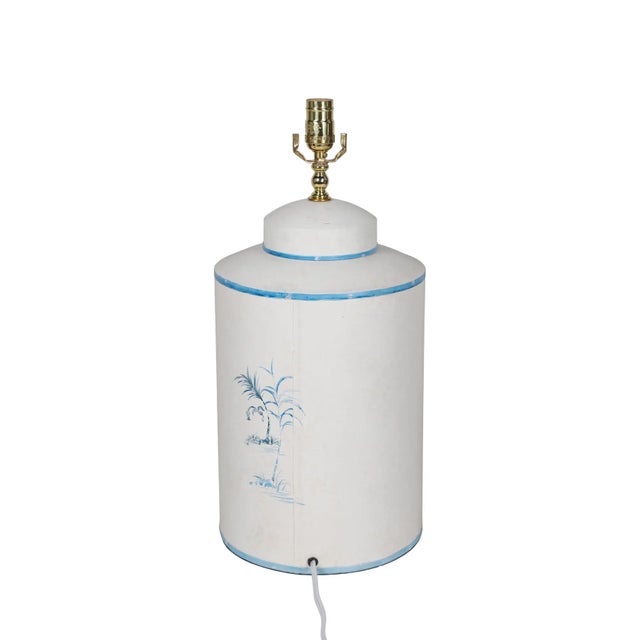A Pair Vintage English Export Tea Caddy Hand-Painted Chinoiserie Figurines Table Lamp For Sale - Image 9 of 10