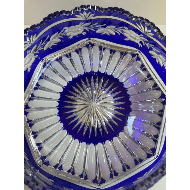 Mid 20th Century Czech Bohemian Cobalt Blue Cut to Clear Crystal Centerpiece Bowl For Sale - Image 15 of 18