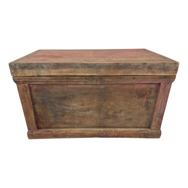 Antique Chinese Red Painted Wooden Trunk For Sale