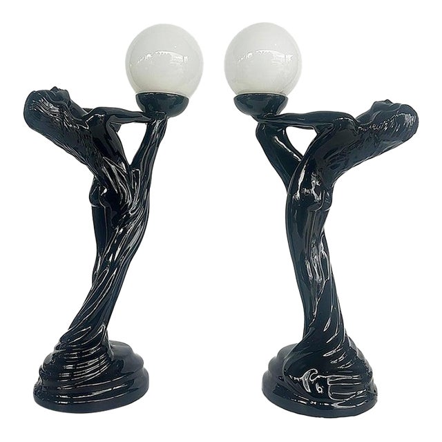 Mid 20th Century Large Art Deco Ceramic Table Lamps, Glass Shades - a Pair For Sale