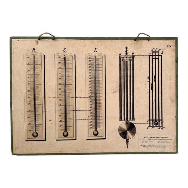 Antique Early 1900’s German Teaching Poster, ‘Menzel’s Thermometer’- Industrial, Shabby Chic, Boho, Cabinet of Curiosities Vibe For Sale