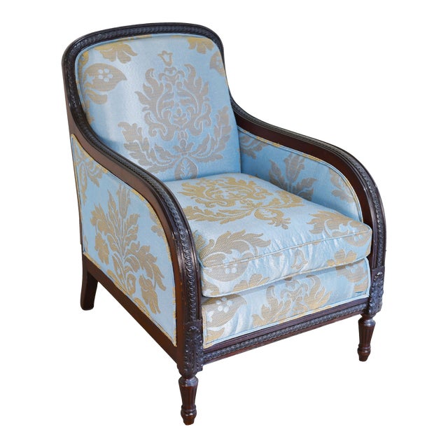 Vintage Blue-Gray Satin Damask Lounge Chair For Sale