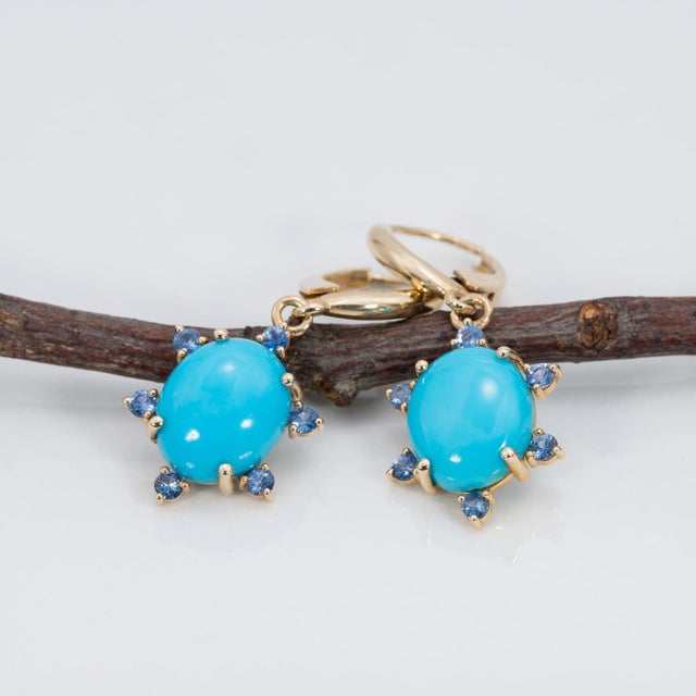 Modern 6Ct Sonoran Turquoise Earrings With Blue Sapphire: Solid 14k Gold, 11x9mm, Pair For Sale - Image 3 of 5