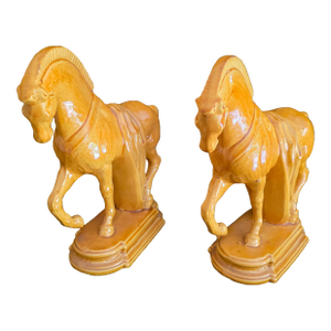 Vintage Hollywood Regency Caramel Ceramic Horse Sculptures - A Pair