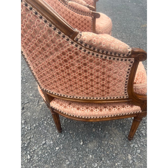 1990s Pair Vintage Michael Taylor Designs French Louis XVI Style Barrel Back Armchairs For Sale - Image 5 of 14