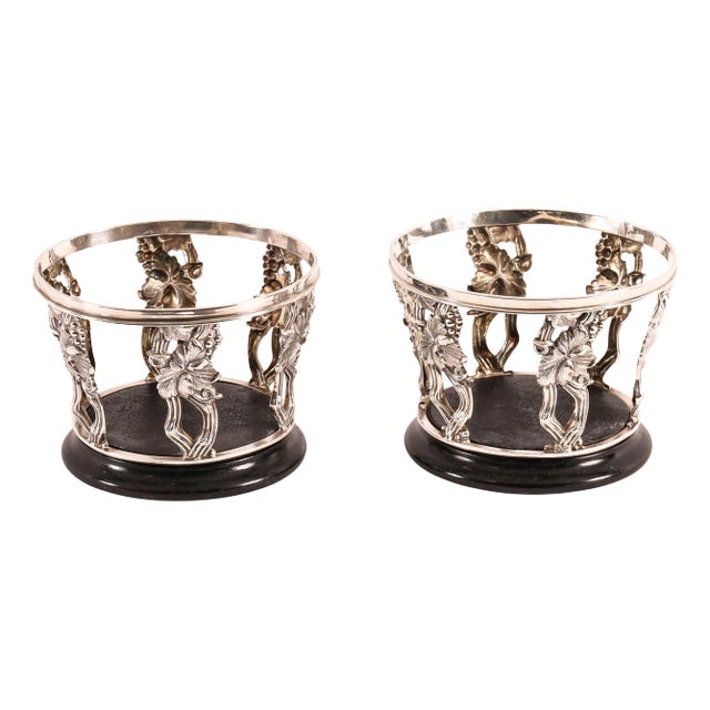 Antique Silver-Plated Wine Bottle Coasters, 1890s, Set of 2 For Sale