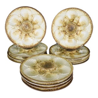 Set of 12 Vintage French Majolica Oyster Plates by Longchamp For Sale