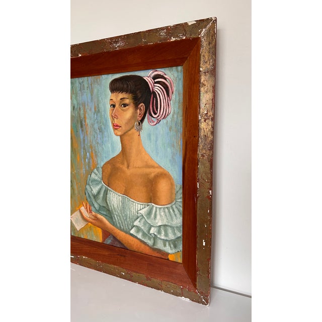 Mid-Century Modern 20th Century Oil Portrait of a Spanish Carmen Style Gypsy Woman in Large Frame For Sale - Image 3 of 12