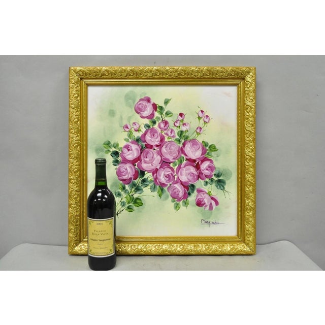 Vintage French Victorian Style Hand Painted Porcelain Plaque Pink Rose Flower Painting, Signed "Mary Wilson" in Gold Gilt...