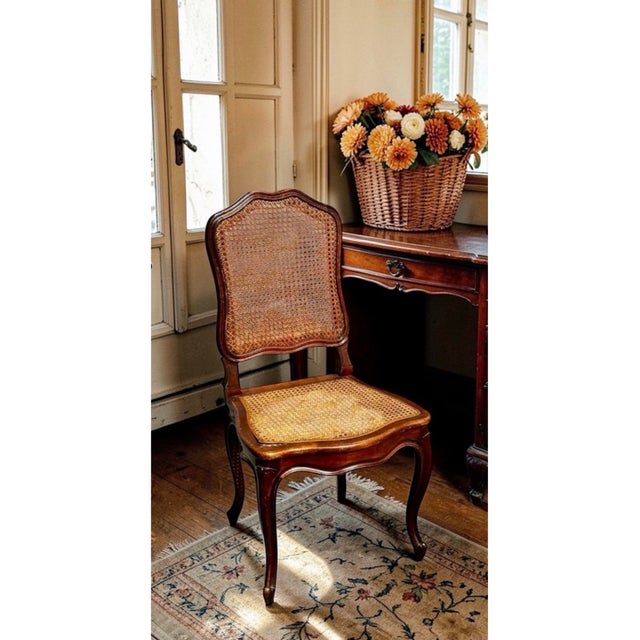 Set of 4 Mid 20th Century French Louis XV Style Walnut Caned Dining Chairs — Handwoven Cane Seats & Backs For Sale In Saint Louis - Image 6 of 12