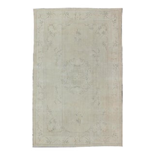 Vintage Turkish Oushak Rug in Pale Cream and Soft Taupe With Delicate Design For Sale