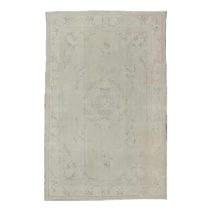 Vintage Turkish Oushak Rug in Pale Cream and Soft Taupe With Delicate Design
