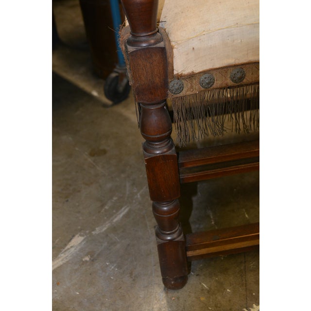 Antique Carved Wood Arm / Throne Chair Straw / Hair Stuffed W/ Metal Rivets For Sale - Image 16 of 17