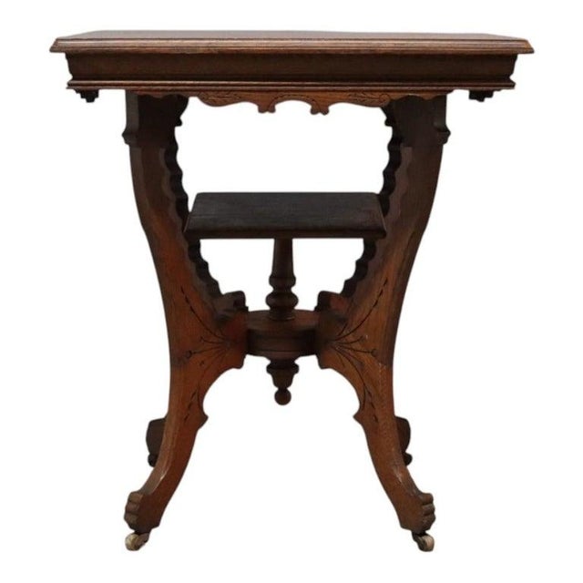 1920s Antique Rj Horner Attr. Chip Carved Oak Table With Casters C1920 For Sale - Image 5 of 11