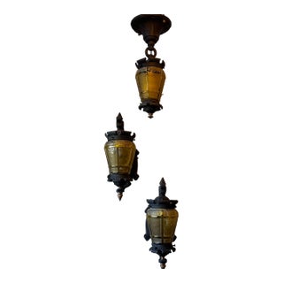 Rare Vintage Hammered Amber Glass Lanterns – Matching Set of Three (Hanging Pendant & Pair of Wall Sconces) For Sale