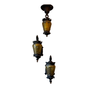 Rare Vintage Hammered Amber Glass Lanterns – Matching Set of Three (Hanging Pendant & Pair of Wall Sconces)