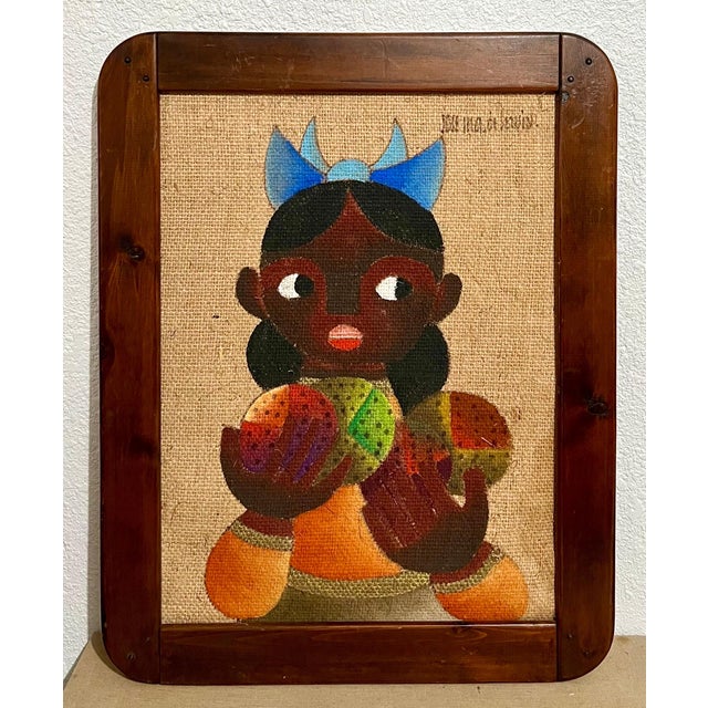 Jose Maria de Servin, Folk Art Mexican Girl Oil Painting on Burlap Charming Naive African American Art For Sale In Miami - Image 6 of 7