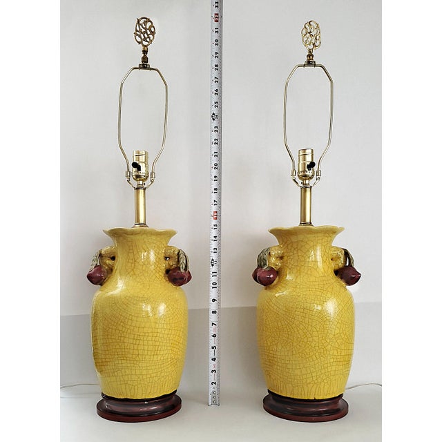 Asian Style Lamps Chinese Crackled Yellow Pomegranate Pair For Sale - Image 4 of 14