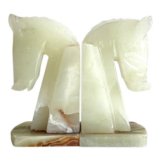 1970s Vintage Carved Onyx Marble Horse Head Bookends - A Pair For Sale