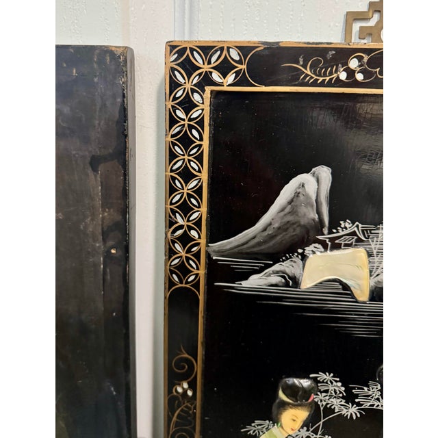 Vintage Mid-Century Chinoiserie Black Lacquer & Mother-of-Pearl Geisha Wall Panels - A Pair For Sale In Tampa - Image 6 of 12