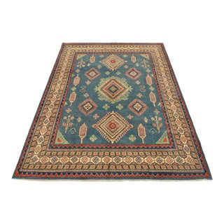Kazak Rug 8’1” X 9’9” Blue Wool Tribal Hand-Knotted Oriental Carpet For Sale