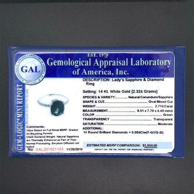 Blue Sapphire Diamond Ring 14k White Gold 2.8 TCW Certified, Size 5 For Sale - Image 8 of 11