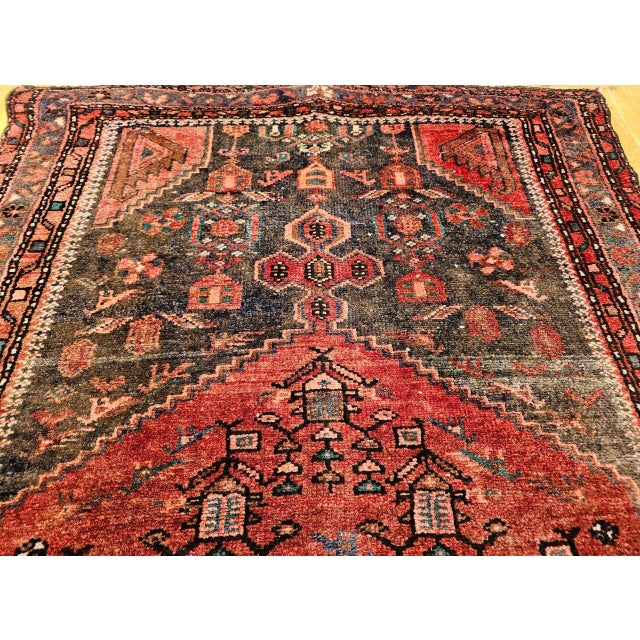 Vintage Persian Hamadan Rug, Hand-Knotted Wool, Geometric Medallion Pattern, Moss Green & Red, 4x7 For Sale - Image 15 of 18