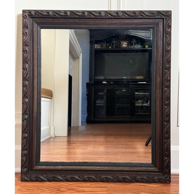 Gothic Vintage Rococo Walnut Solid Wood & Black Linen Mat Wall MIrror For Sale - Image 3 of 12