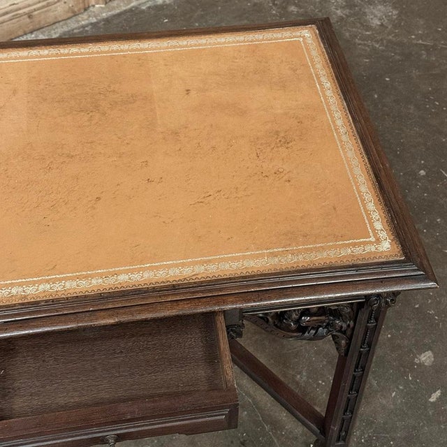 19th Century French Gothic Walnut Writing Desk With Leather Top For Sale - Image 17 of 18