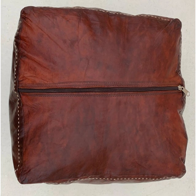 Berber Tribes of Morocco Square Brown Oxblood Red Embroided Moroccan Leather Pouf Cover For Sale - Image 4 of 11