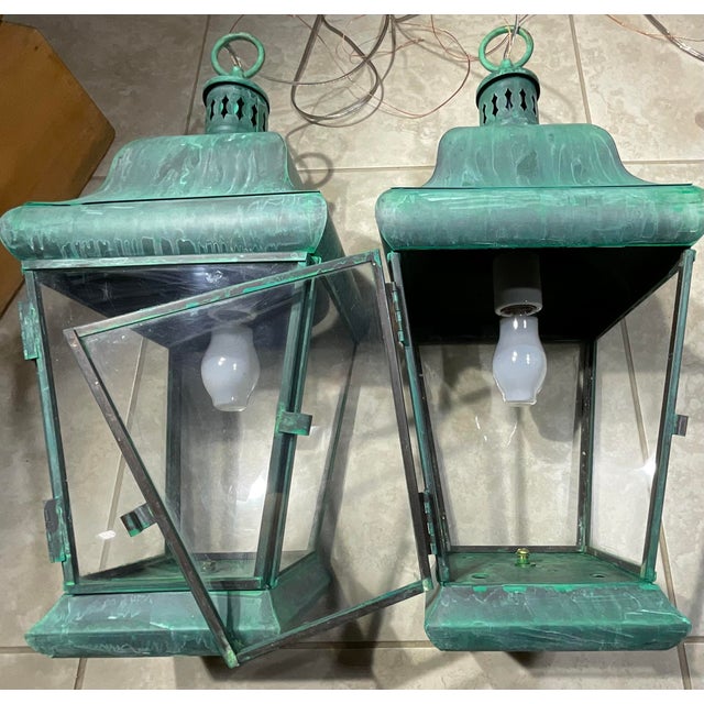 Pair of Vintage Solid Brass Hanging Lanterns. 20”.5 H X 8”.5w X 8”.5 W For Sale In Miami - Image 6 of 17