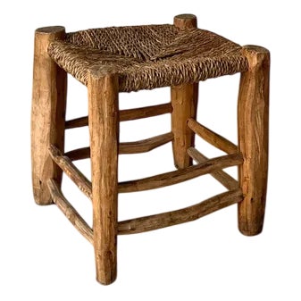 French Woven Rope Wooden Stool, 1940s For Sale
