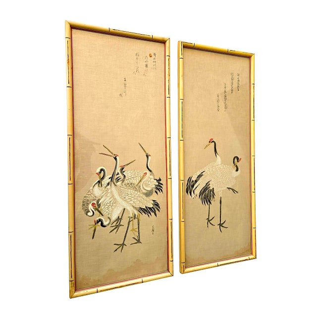 Offered is a pair of Japanese silk scroll paintings from the 1930s Shōwa Era, possibly the Kano School, featuring a flock...