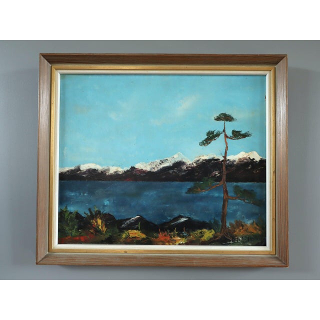 THE LAST PINE Size: 17.3 x 20.5 inches (including frame) Oil on board An atmospheric mid-century landscape painting that...
