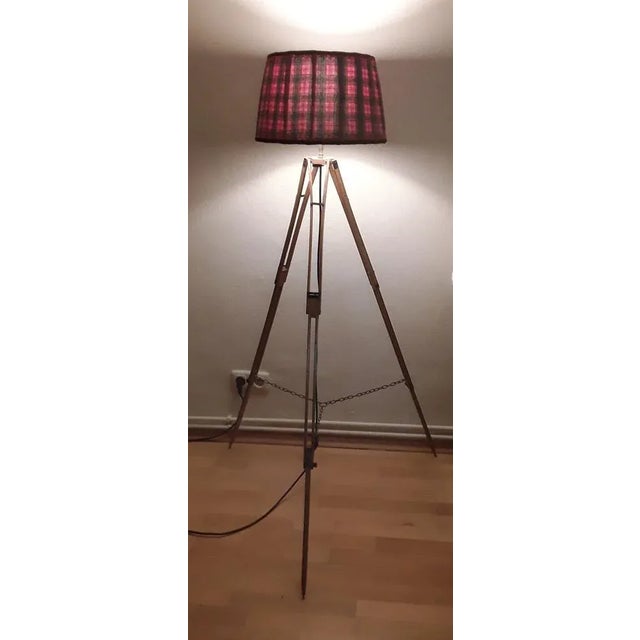 Vintage Floor Lamp with Antique Oak Tripod Frame with Brass Brackets and Handmade Red Fabric Shade from Lamplove, 1890s,...