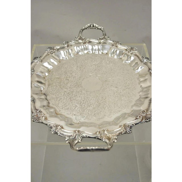 Metal Mid 20th Century Victorian Ornate Silver Plated Twin Handle Scalloped Bar Serving Platter Tray For Sale - Image 7 of 9