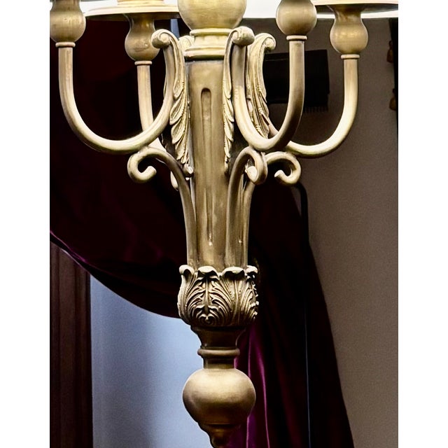 Late 20th Century Maitland-Smith Four Light Bouillotte Chandelier, Large Hand Made Silk Shade, Unique Architectural Design, Burnished Bronze Finish For Sale In Cleveland - Image 6 of 14