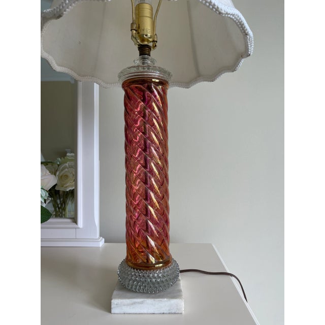 Vintage Pink Iridescent Spiral Column and Clear Hobnail Glass Table Lamp With Marble Base For Sale In Washington DC - Image 6 of 13