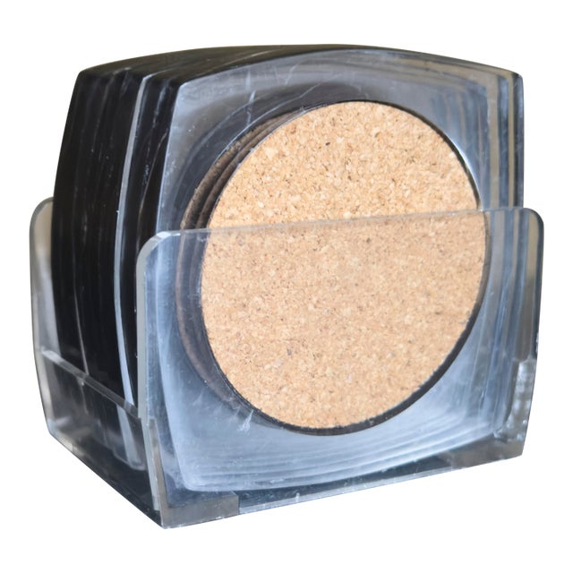 Postmodern Lucite Coasters With Cork Centers and Caddy, Set of 8 For Sale
