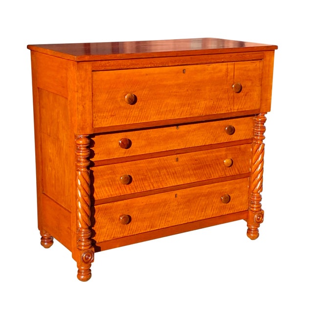 Bay Colony Antiques is proud to offer for sale this wonderful early 19th century antique Sheraton Cherry & Tiger Maple...