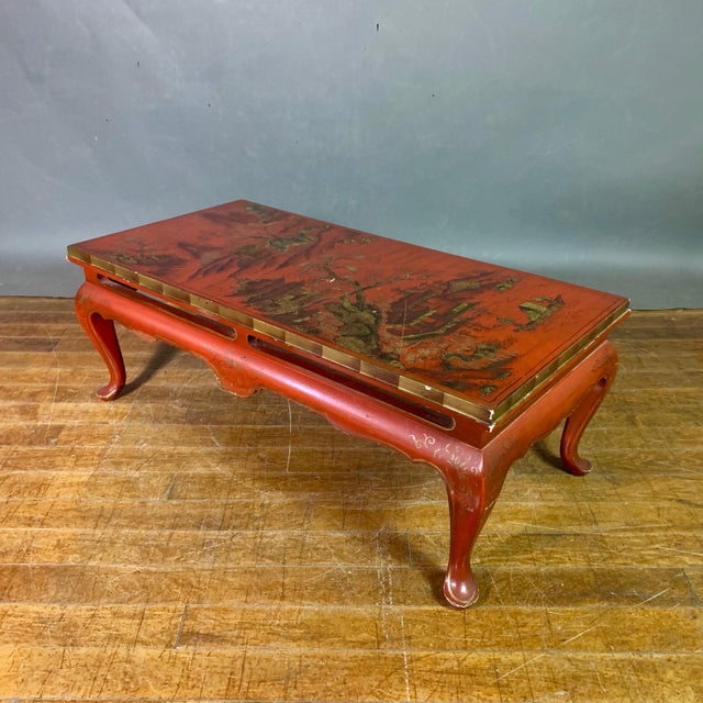Vintage 20th Century Chinese Scenic Red Lacquered Low Coffee Table