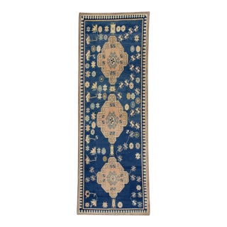 1960s Blue & Pink Geometric Design Handwoven Wool Vintage Turkish Runner 3'7" X 9'10" For Sale